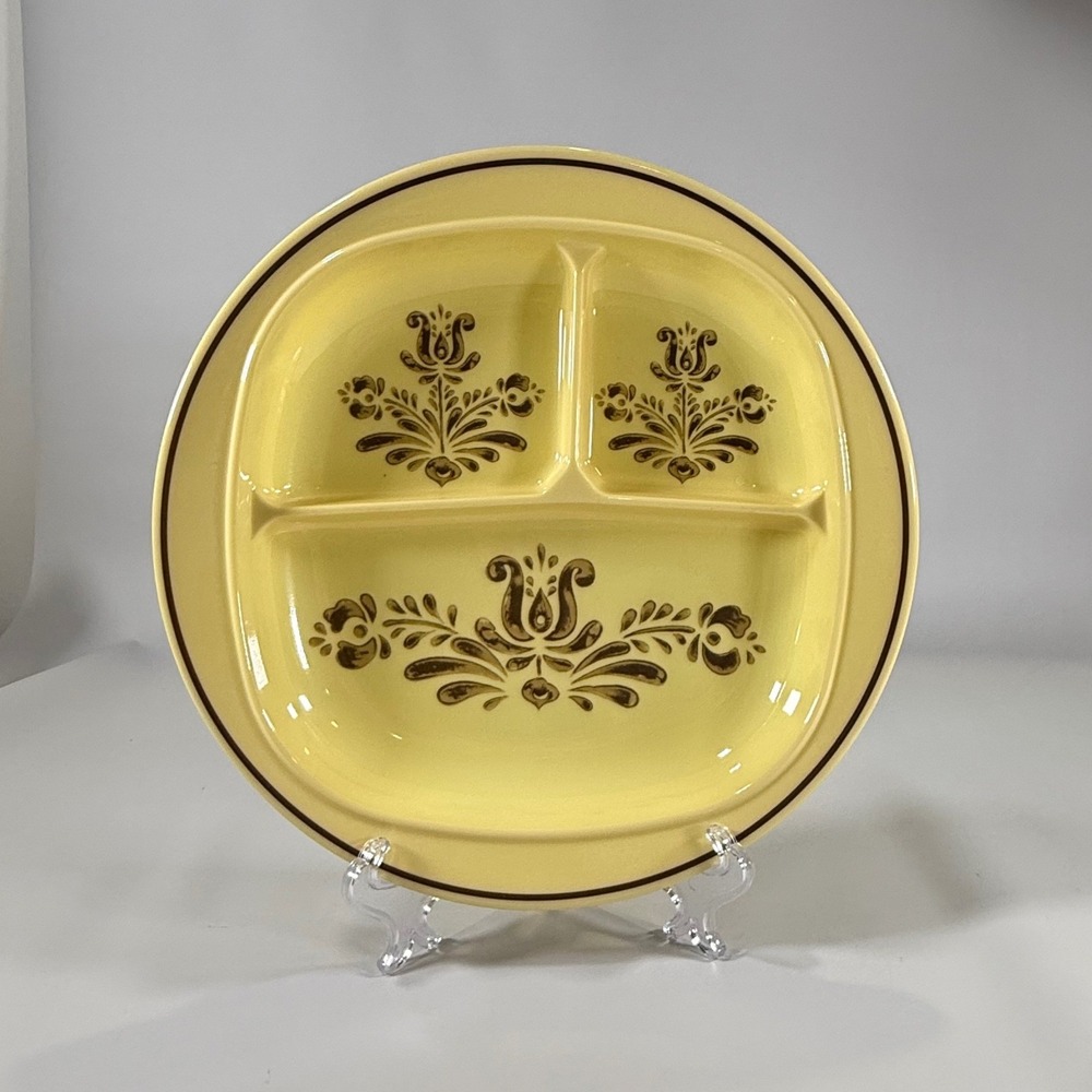 VTG Pfaltzgraff Village Melamine Divided Plate Yellow Brown Floral Retro Kitchen